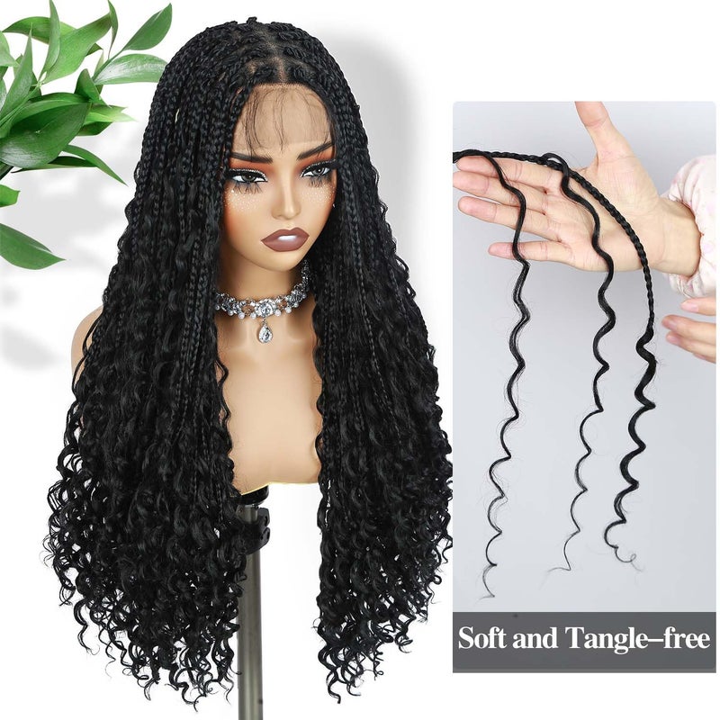Fancy Hair Braided Wig Square Knotless Boho Box Braided Wigs with Curly Ends Full Double Lace Glueless Braids Wig with Baby Hair Synthetic Black Braided Wig for Black Women - Image 3